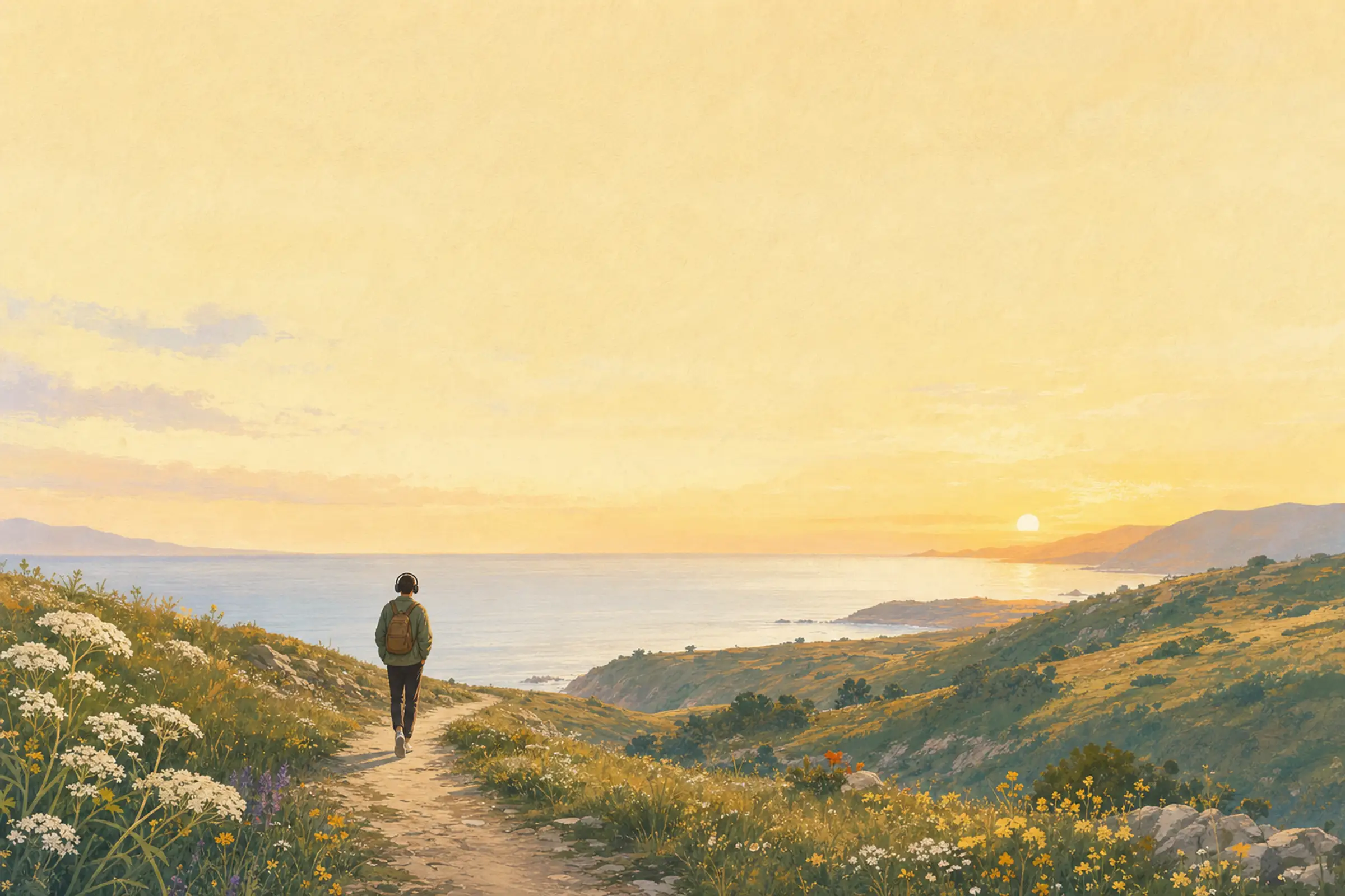 A lone walker in headphones on a coastal path at dawn, the sea and rising sun ahead.