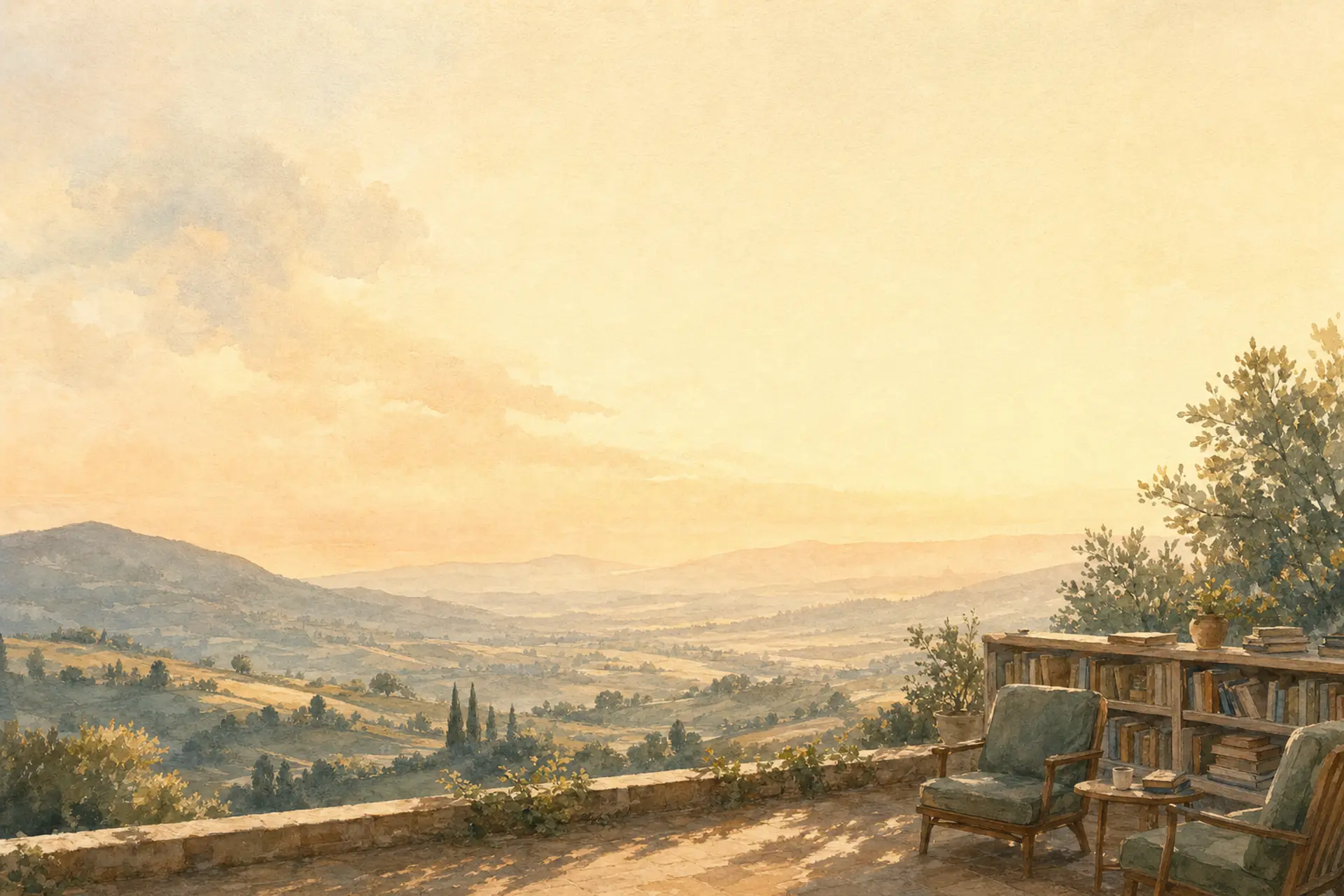 A reading terrace looking out over a valley at dawn, with a calm pale sky above.