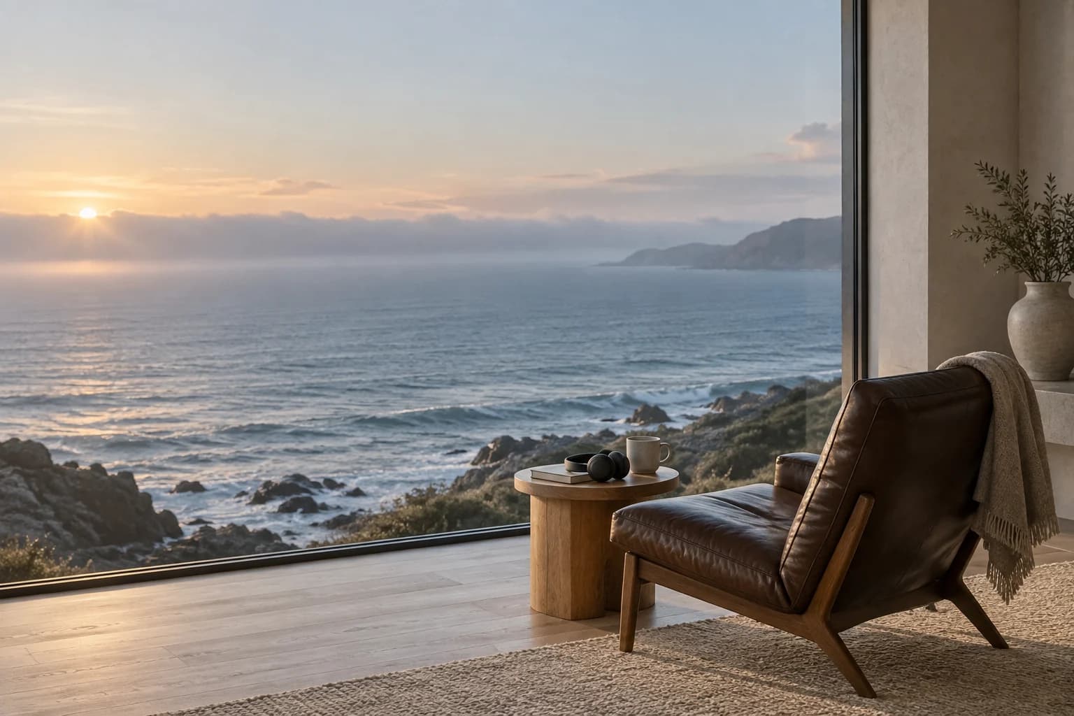 Headphones and a notebook beside a quiet chair overlooking the sea.