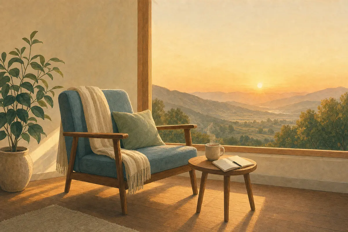 A sunlit reading corner - a mug, an open notebook, and a valley at sunrise through the window.